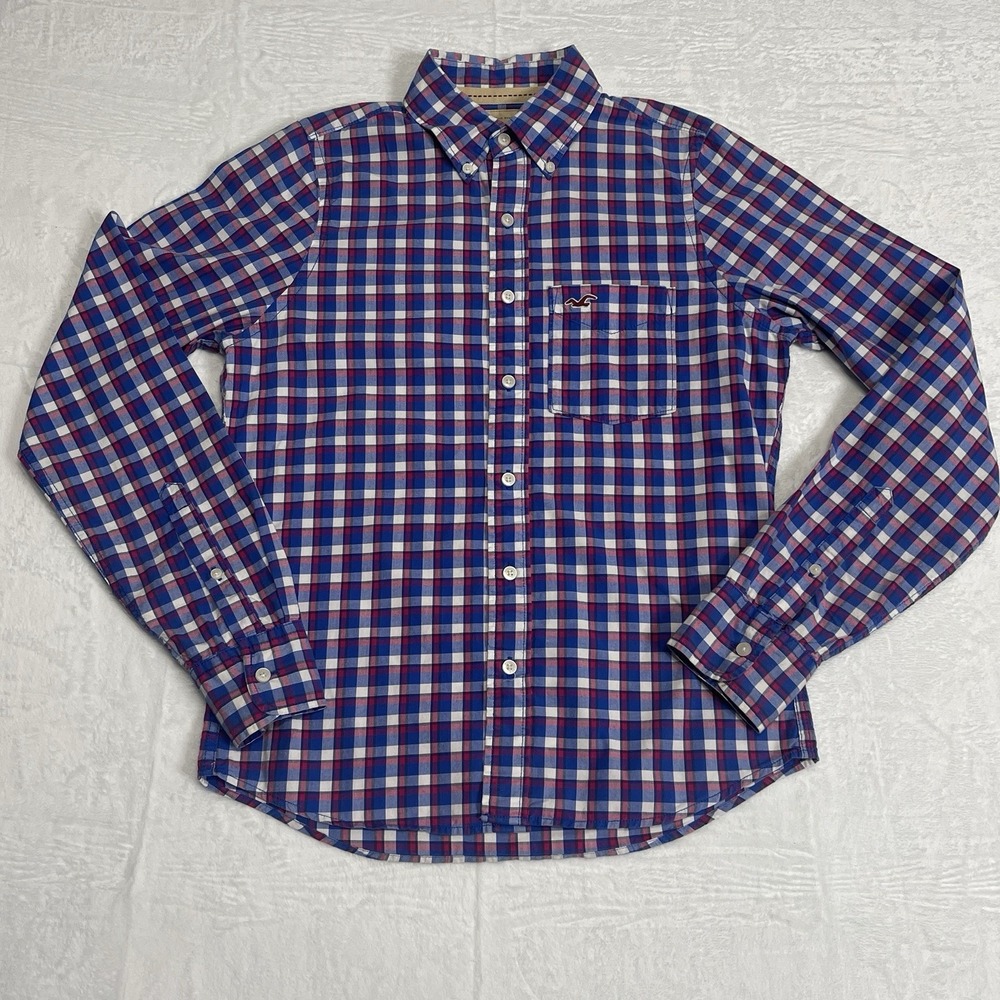 Hollister Mens Shirt Size M Blue/Red/White Plaid‎ Long Sleeve Button Down Cotton